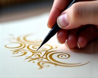 Advanced calligraphy student practicing flourishing techniques