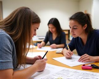 Beginner students learning calligraphy basics in workshop