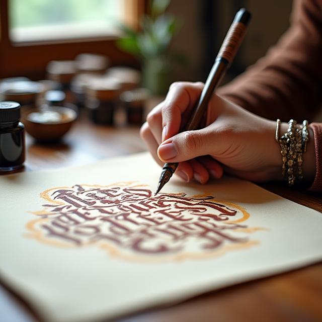 Master calligrapher creating beautiful lettering with traditional tools
