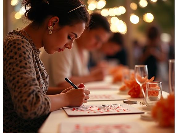 Live wedding calligraphy artist creating personalized items for guests