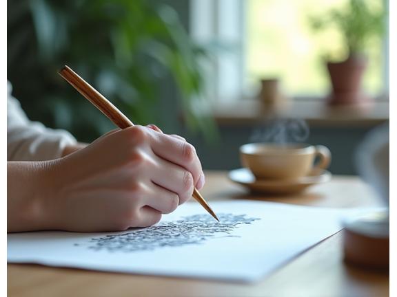 Peaceful mindful calligraphy session with therapeutic art benefits