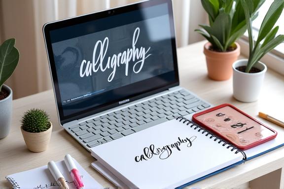 Online calligraphy tutorial setup with digital learning materials
